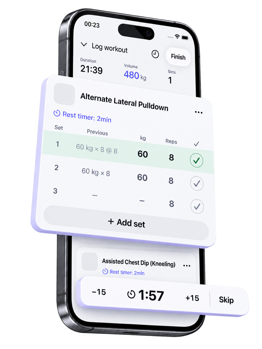 Workout logger illustration with raised exercise information, a completed 60 kilogram by 8 rep set and rest controls.