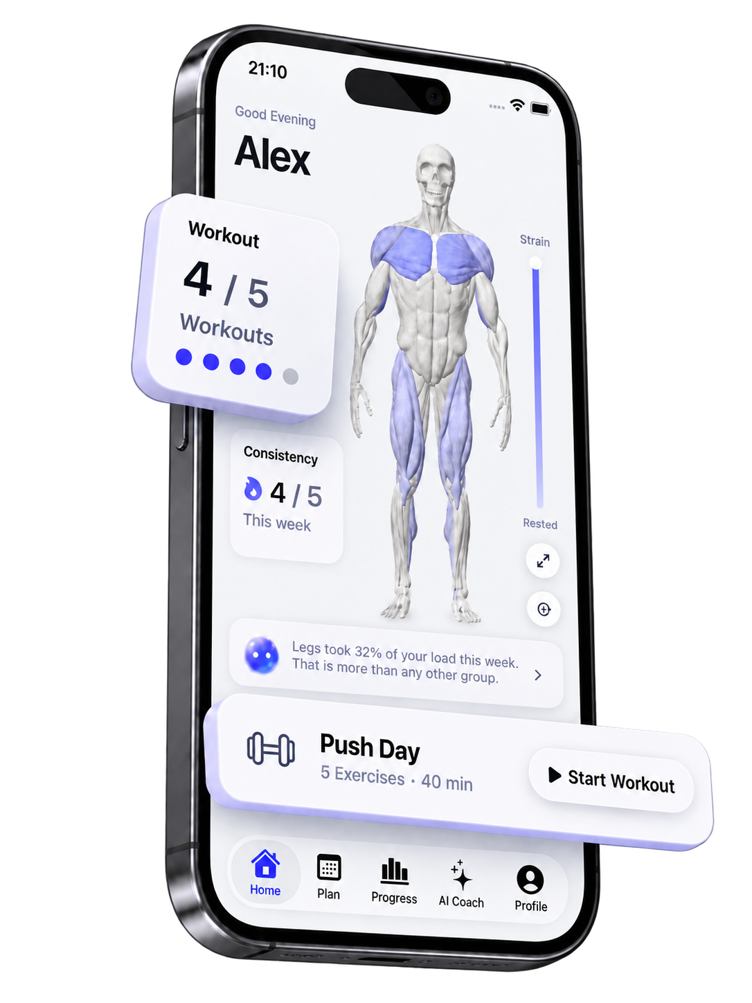 Gym Anvil Home illustration with workout planning and weekly consistency cards floating above the screen.